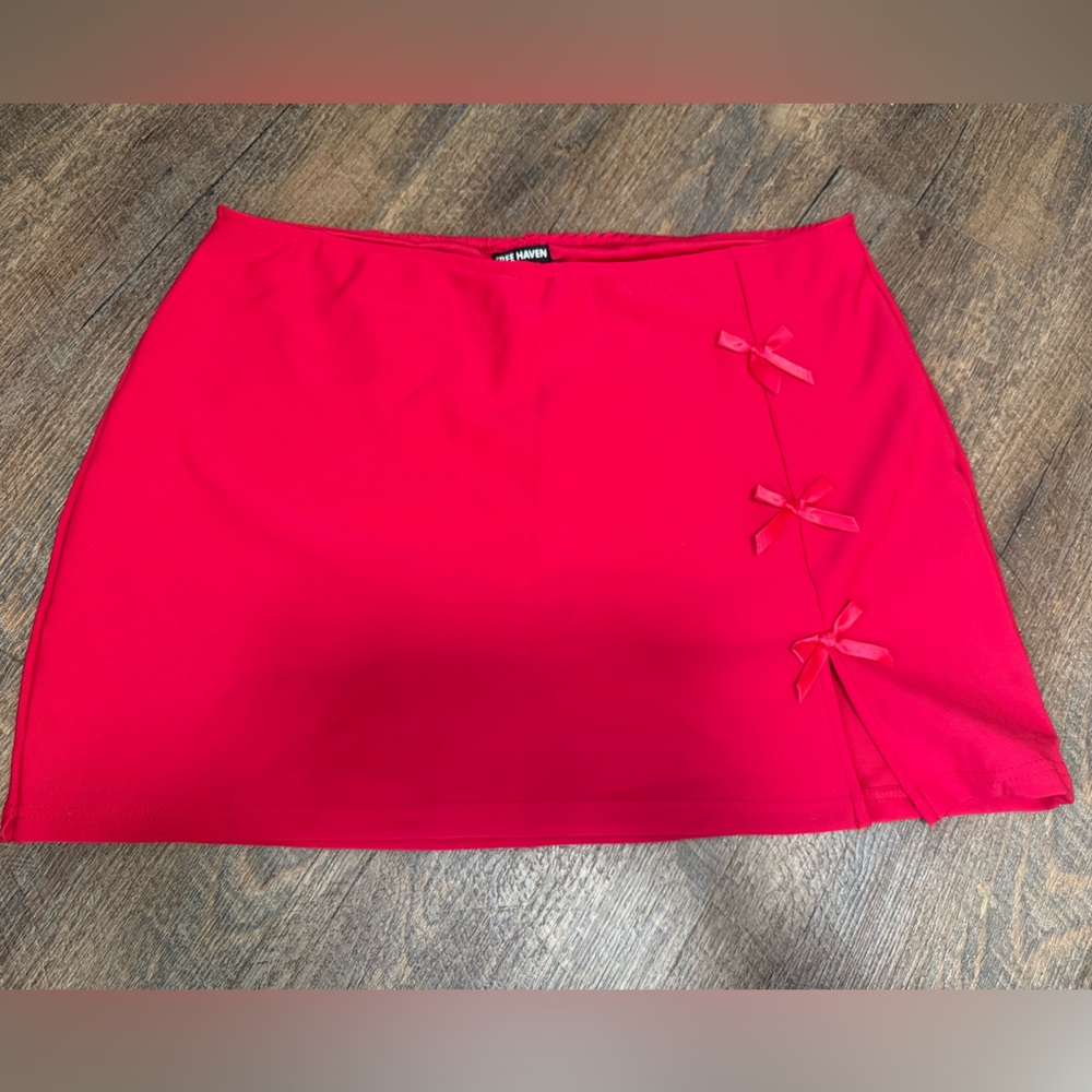 Red Mini Skirt with Bow Accents